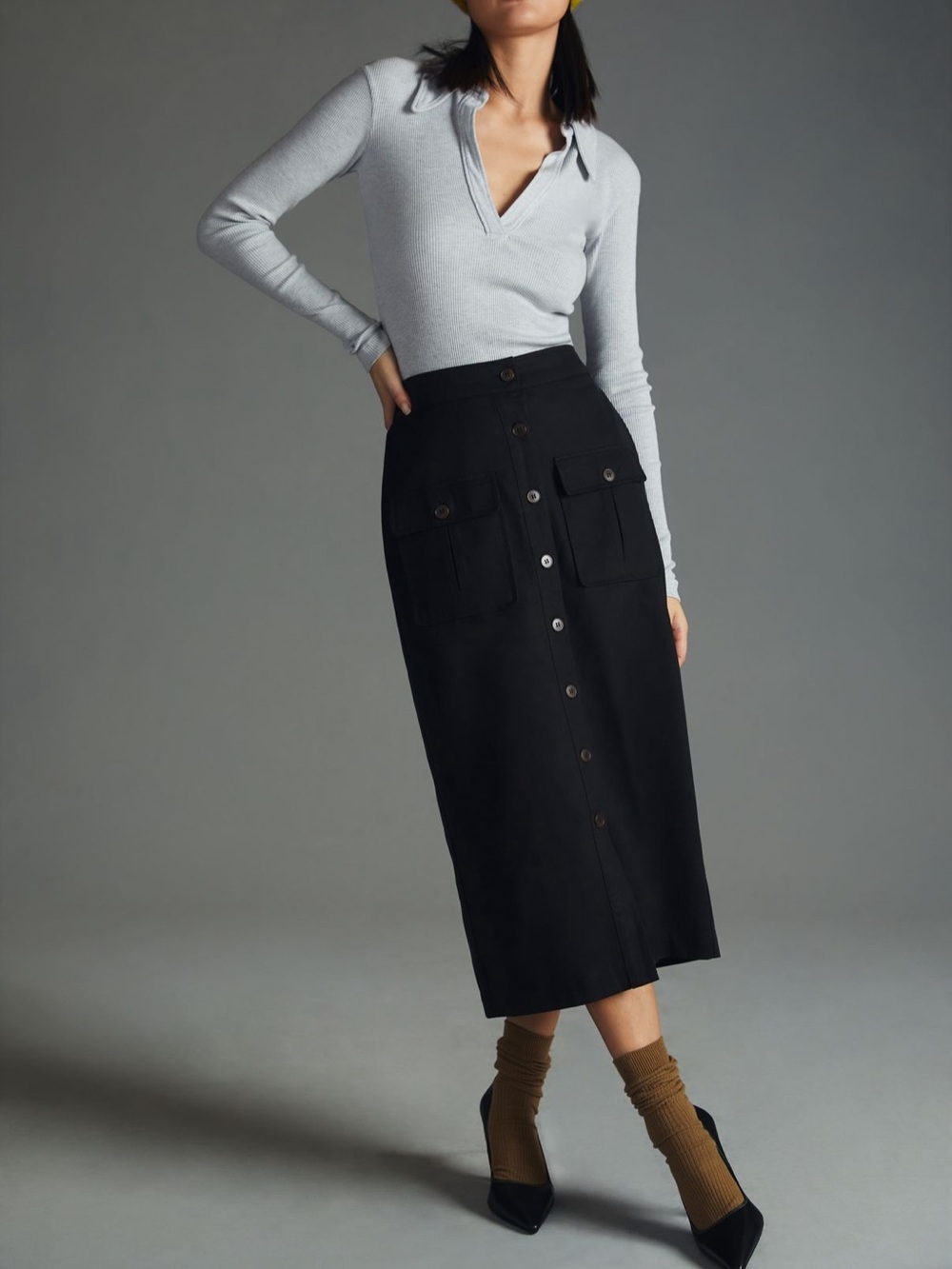 Sunday in Brooklyn Black Button-Front Utility Midi Skirt